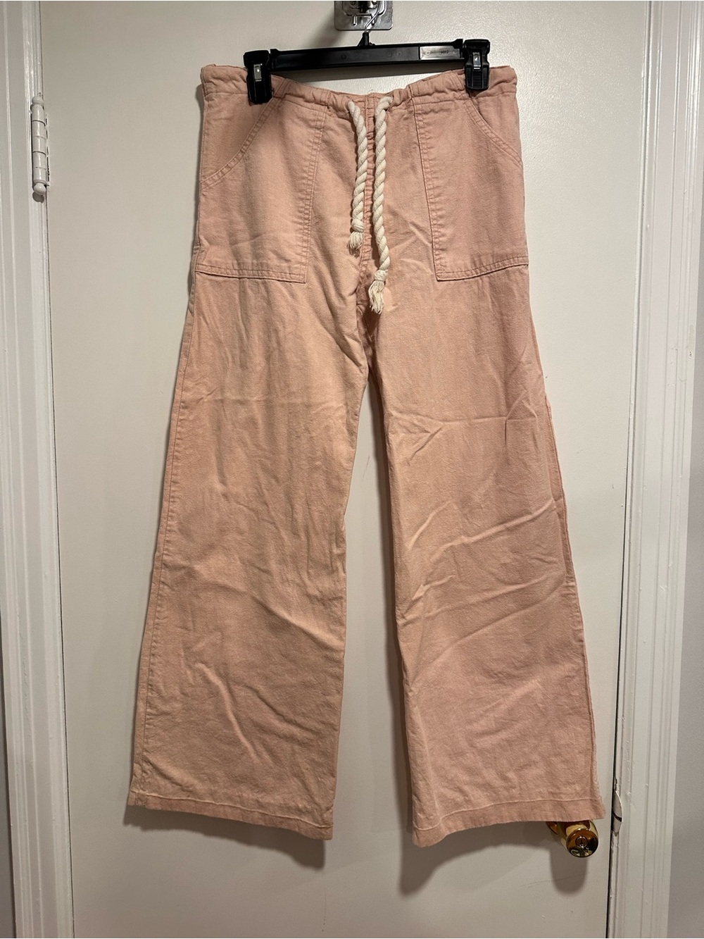 VTG 70s Male Brand flare  bell-bottom Linen Style Pants Rope Belt Patch Pockets.